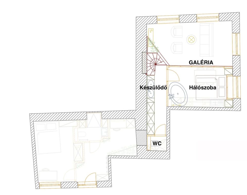 A galériaszint alaprajza: hálószoba, készülődő, WC